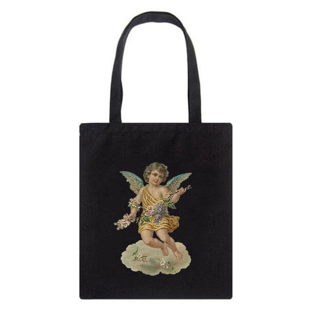 Fiorucci Letter Angel Cartoon Casual Vintage Large-capacity Fashion Harajuku Canvas Bag Hip Hop Shopping Bag Women Shoulder Bags 29*32cm