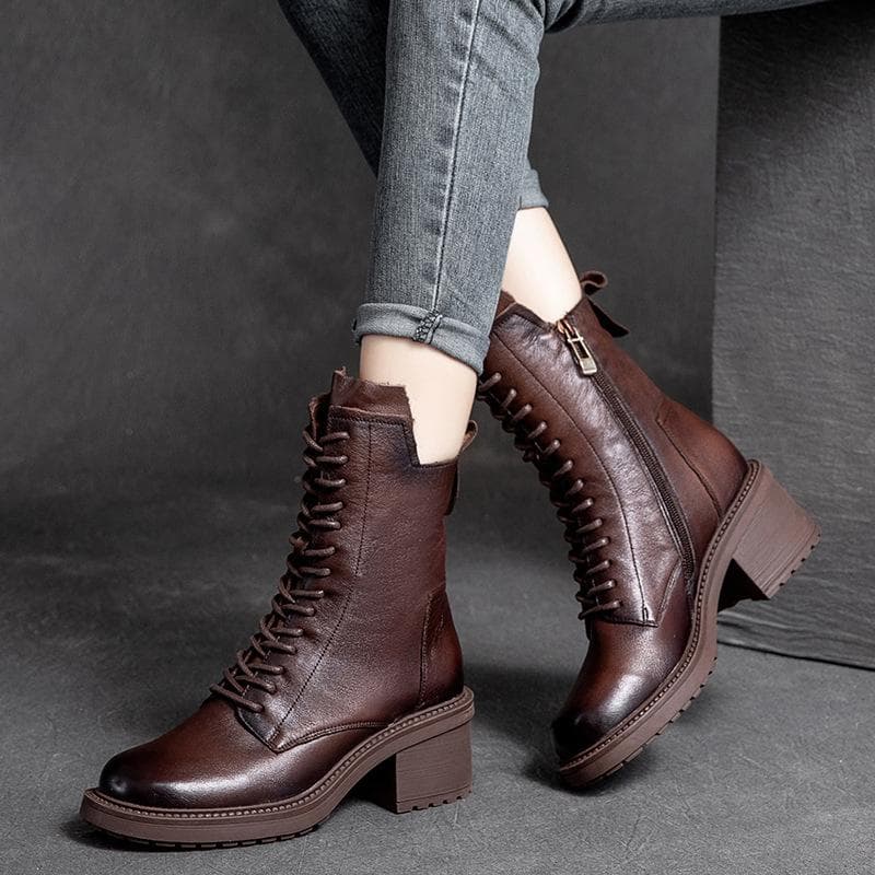 Johnature Winter Boots Genuine Leather Women Shoes Plush Warm Round Toe Handmade Zip Leisure Sewing Platform Boots 40 brown
