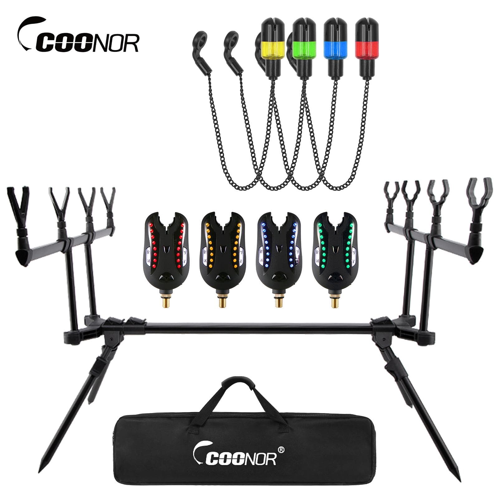 Adjustable Retractable Carp Fishing Rod Stand with LED Bite Alarms Swingers for Fishing black