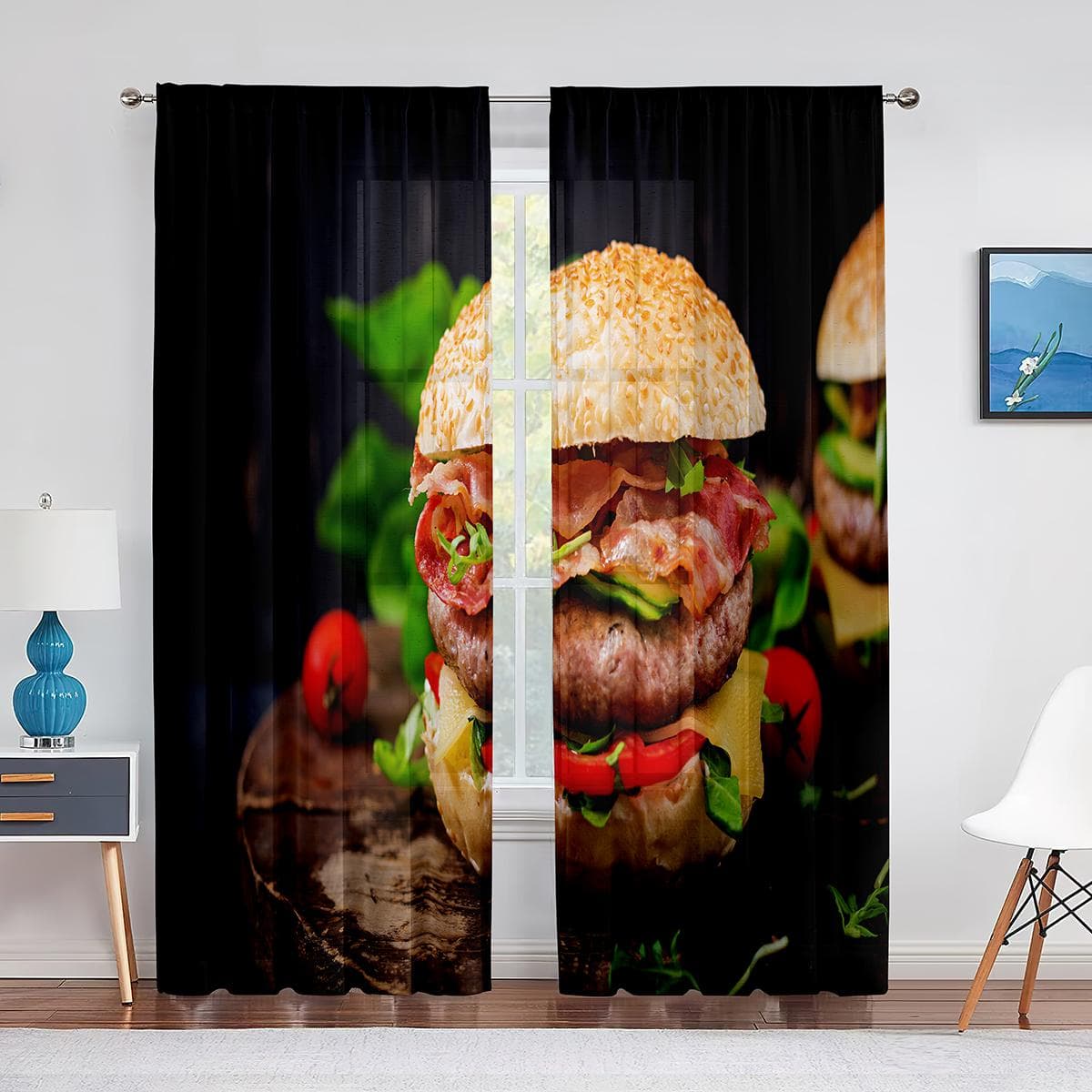 Delicious Steak Beef Food Tulle Curtains for Living Room Bedroom Decoration Modern Chiffon Sheer Voile Kitchen Window Curtain 1 PCS W100XH250cm&Grommet Top