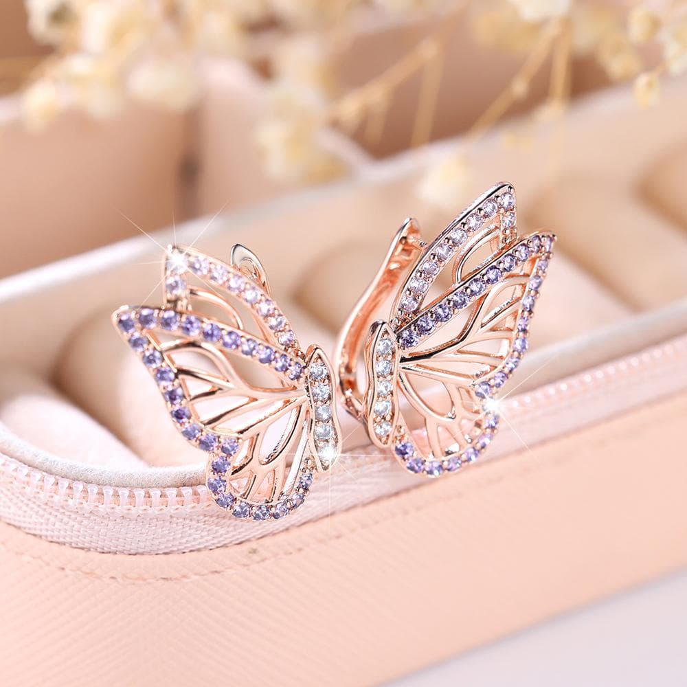 1 Pair Purple Butterfly Drop Earrings for Women Girls Luxury Rose Gold Color Hoop Earrings Wedding Party Jewelry Birthday Gifts purple