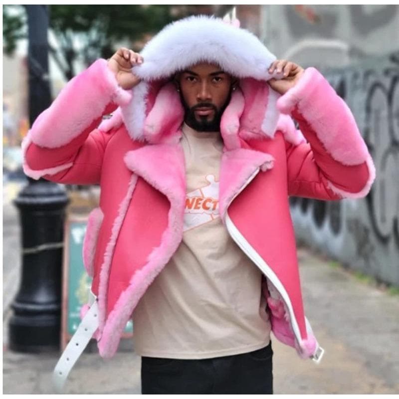 Large Fur Collar Hooded Belt Buckle Plus Velvet Thickened Men's Leather Jacket M pink