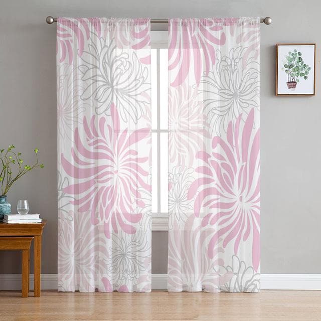 Grey Chrysanthemum Texture Retro Floral Tulle Curtains Kitchen Door Curtain Chiffon Sheer Voile Curtains For Living Room Bedroom 1 PCS W100XH250cm