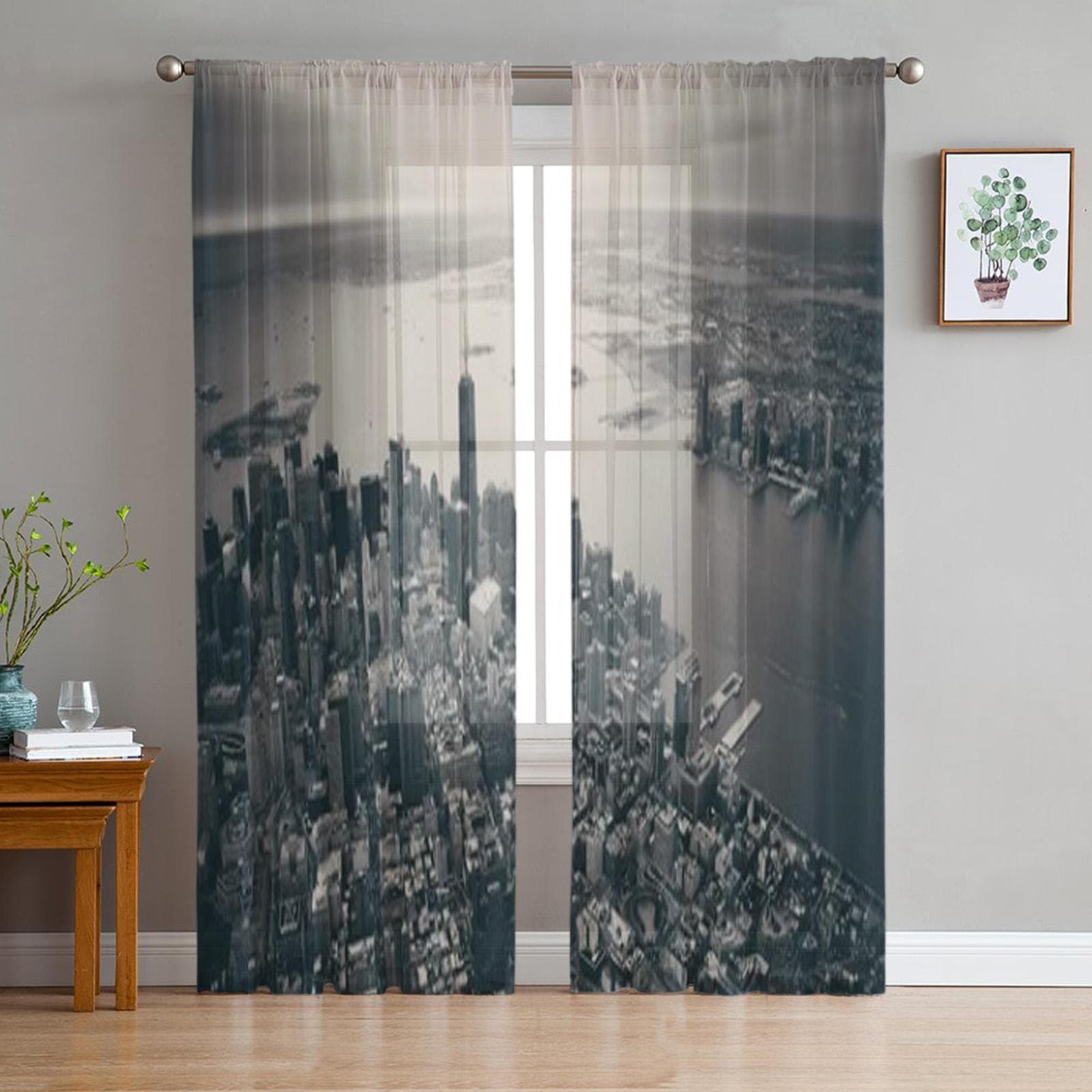 New York City Manhattan Downtown Aerial View Chiffon Sheer Curtains for Living Room Bedroom Window Curtain Voiles Tulle Cortinas 135W x 114H(cm)