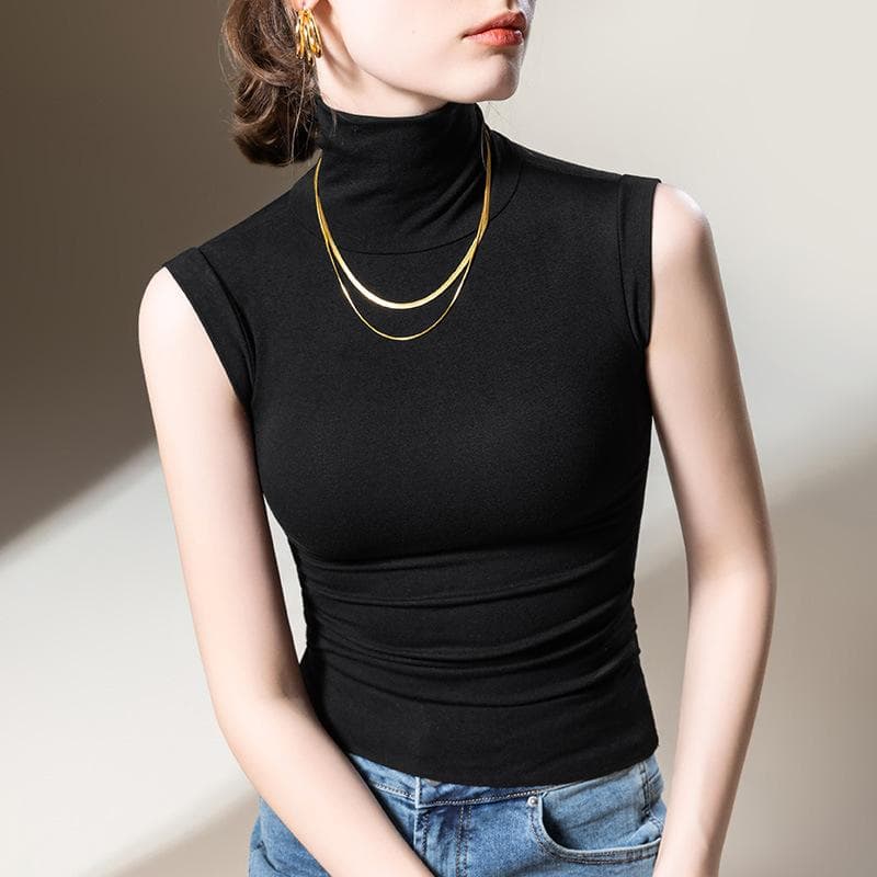 Turtleneck Bottoming Shirt Women's New Women's Clothing Solid Color Elastic Shirt Temperament Sleeveless Vest Top 2XL black