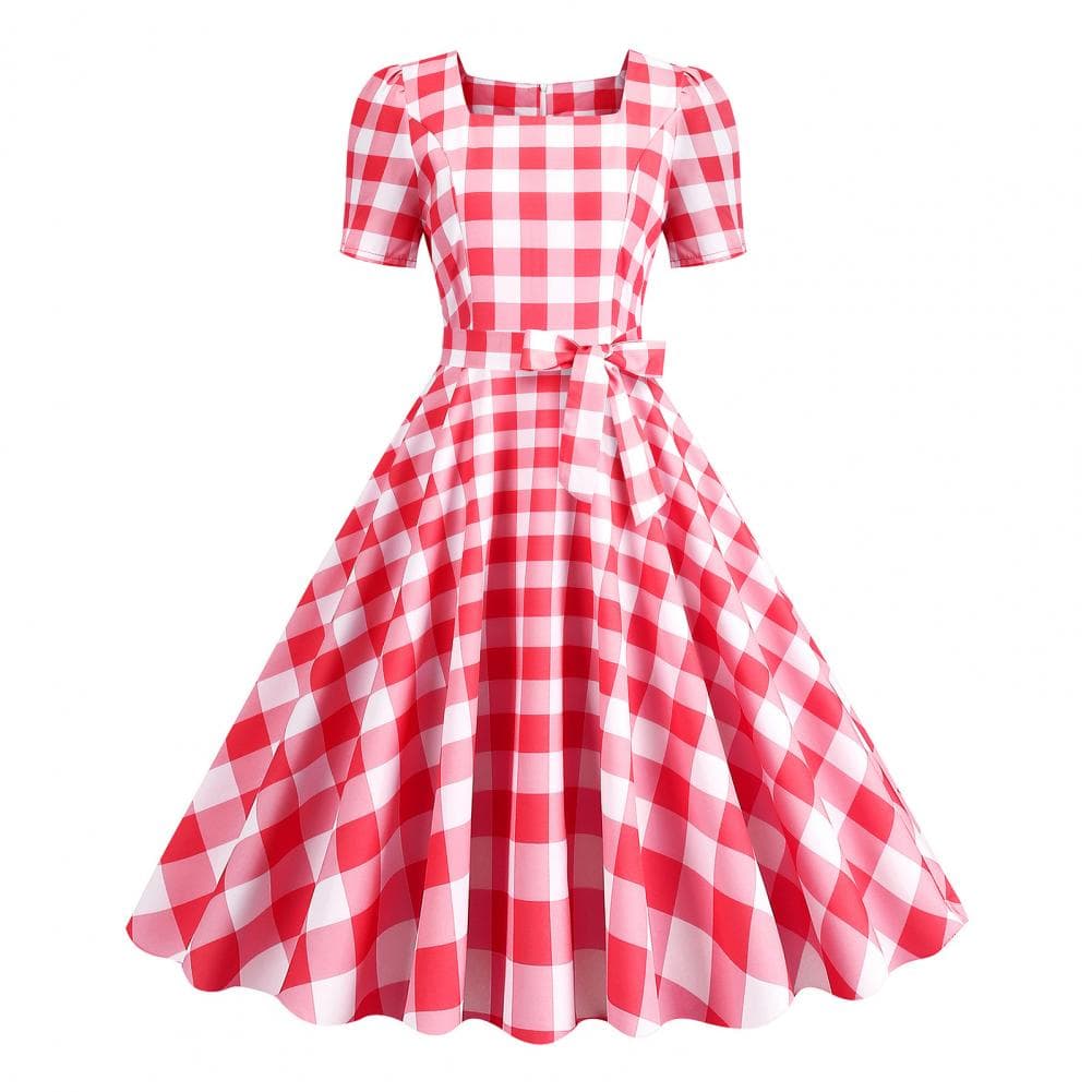 Women Vintage Plaid Print Dress Square Collar Short Sleeve Midi Dress High Waist Bowknot Decor A-Line Swing Dress XXL red