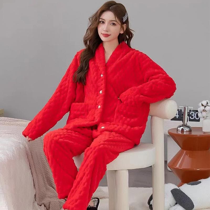 Autumn and Winter Flannel Sleepwear for Women Pajamas Comfortable V-neck Long Sleeved Pants Home Wear Coral Velvet Pyjamas Femme 2XL red