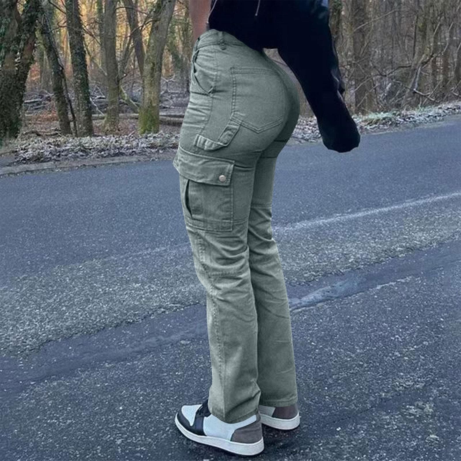 Women's Fashion Solid Color Hip Lifting Pants High Waist Multi Pocket Work Clothes Jeans L light green