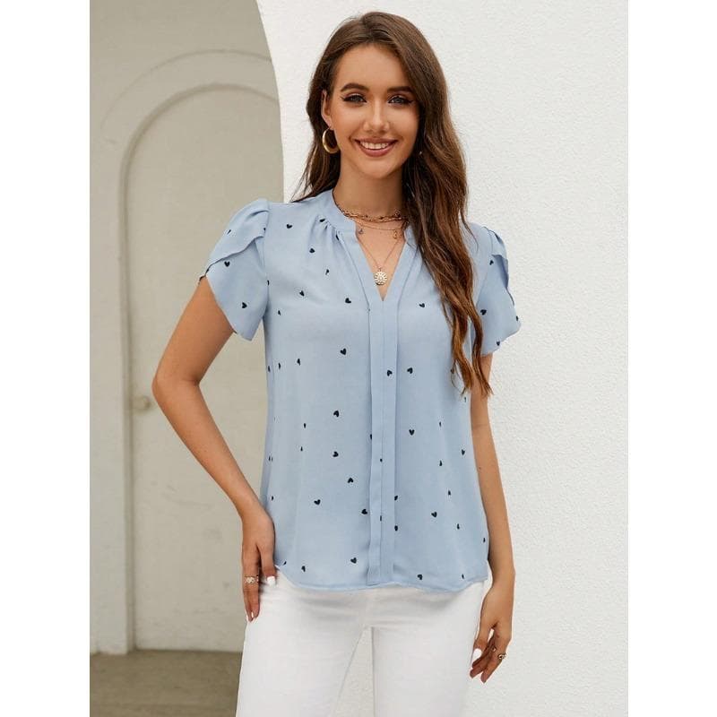 YYFS Women's Fashion Casual Summer Spring Love Print Short Sleeve V-Neck Blouses & Shirts XL light blue