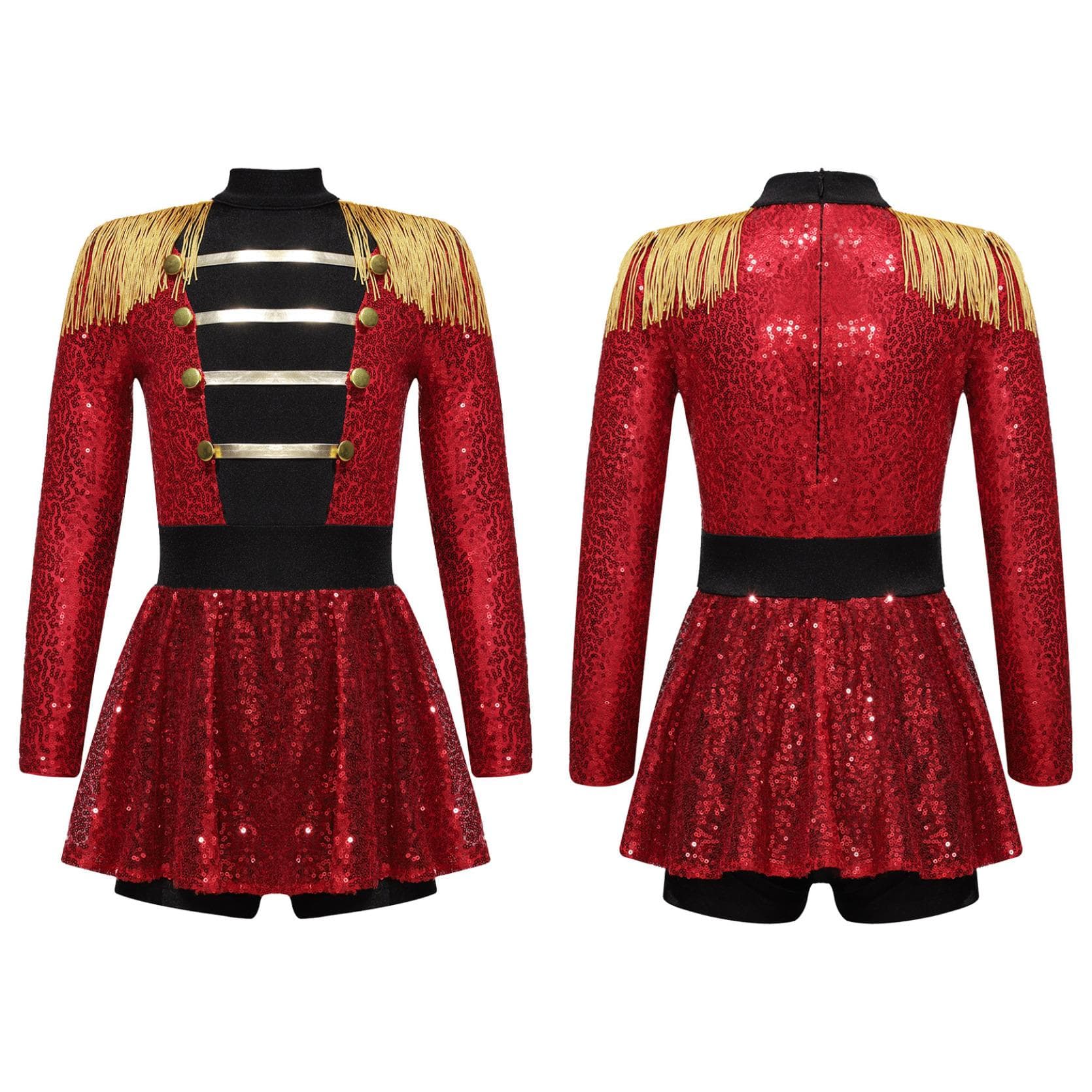 Kids Girls Halloween Party Circus Ringmaster Costume Shiny Sequined Tassel Gymnastics Leotard Dress Dancewear 5-6 Years red