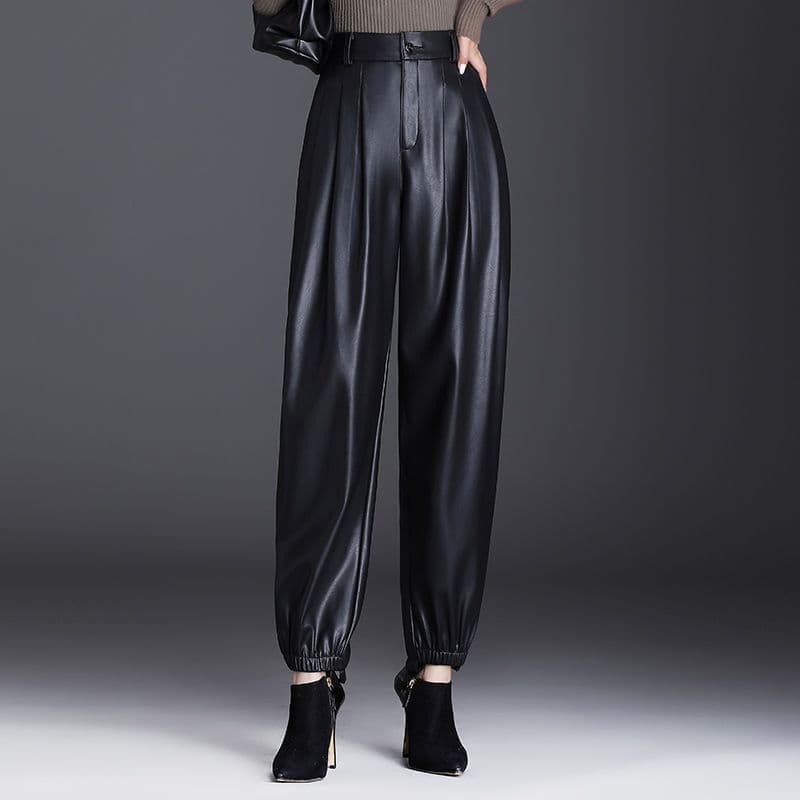 Leather Pants, Women's Elastic Waisted Harem Pants, Winter Casual Pants, Thin Velvet High Waisted Radish Pants 2XL black
