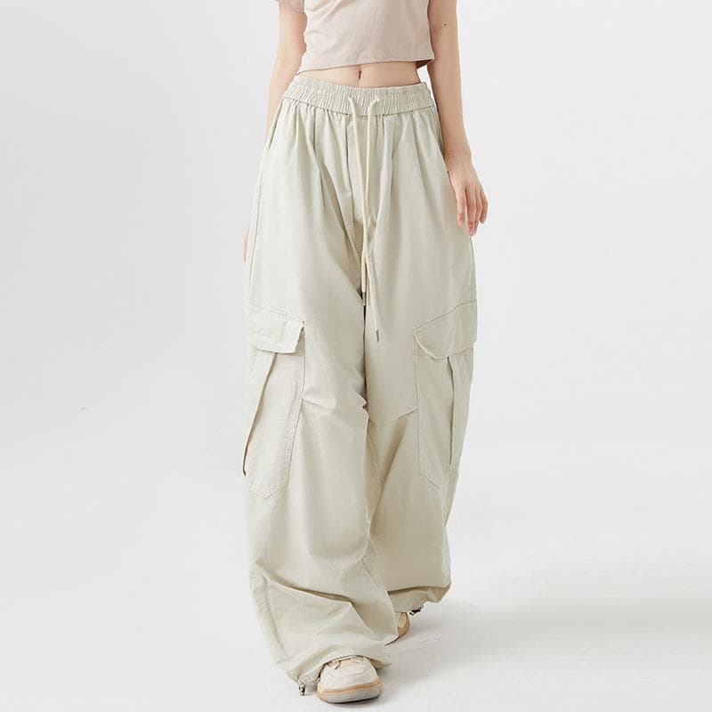 Women Big Pockets Cargo Pants Y2k High Elastic Waist Drawstring Baggy Trousers Vintage Casual Loose Wide Leg Straight Pants XXL apricot