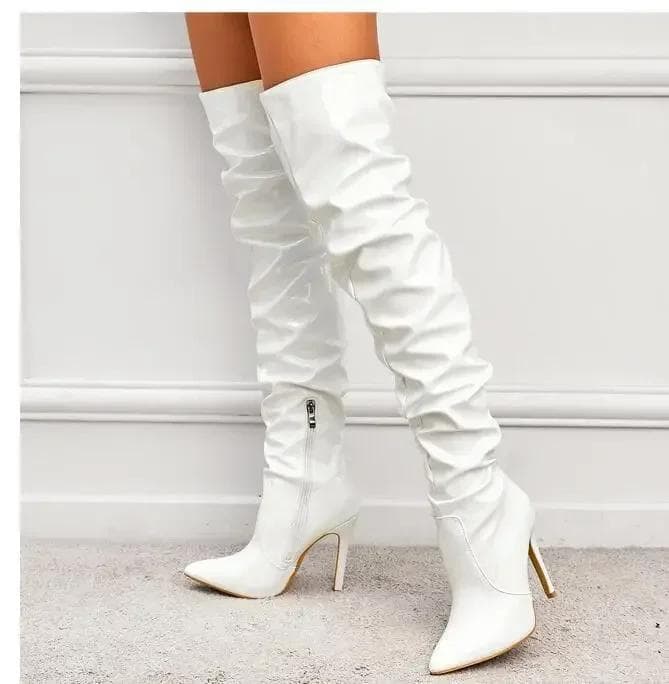 Fashion Over-the-knee Boots Women Fashion Pointed Toe Black Side Zipper Thin High Heels Female Shiny Pleated High Heel Botas 2024 36 white