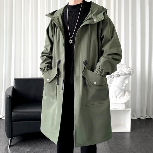 Long Trench Coat Jacket Men Cotton Autumn Spring Black Hip Hop Japanese Coats Streetwear Men's Hooded Army Green Casual Jackets XL green