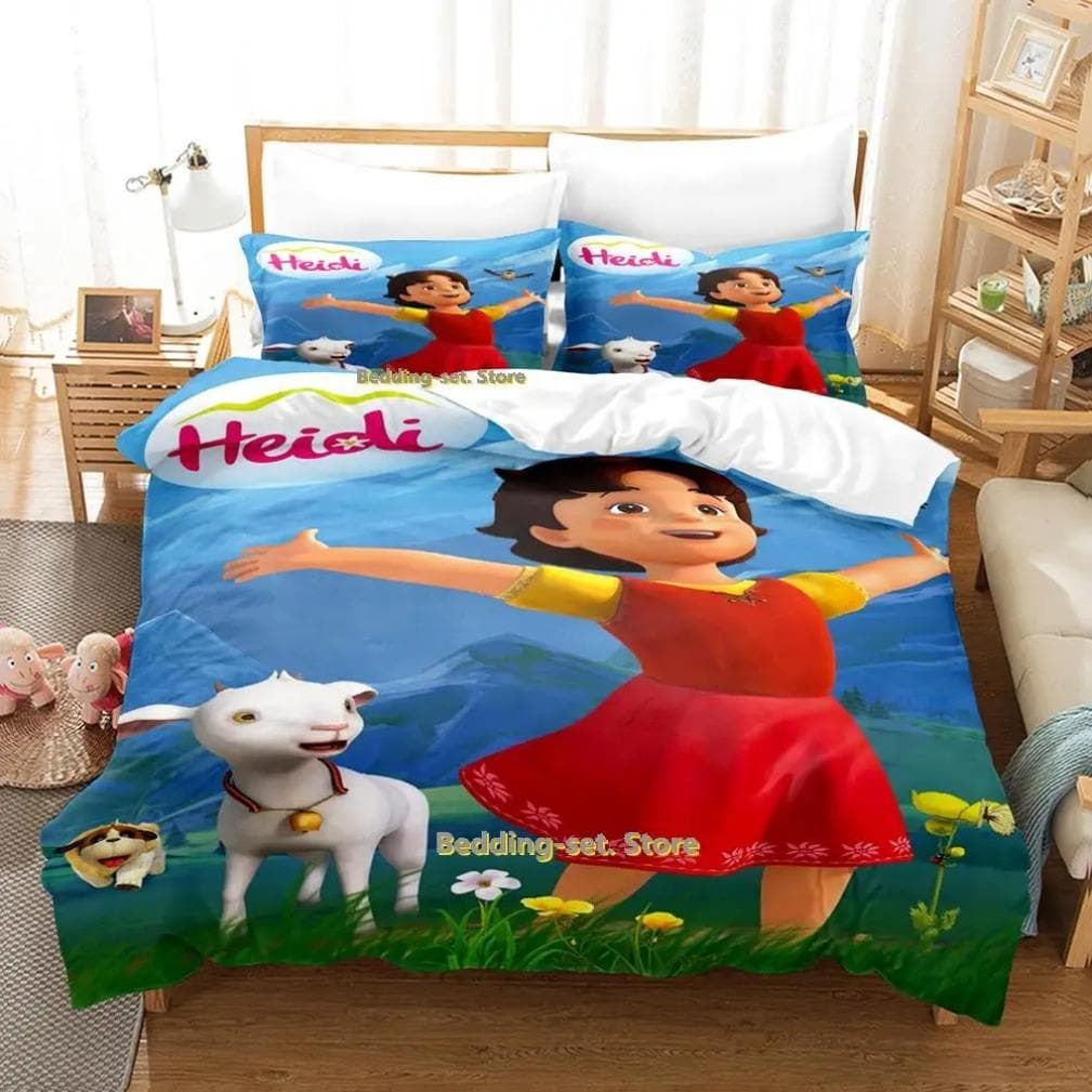 Maiden of the Alps Bedding Set Girl From, Alps Heidi Bedding Set,Funny Heidi and Family Cartoon Print Quilt Cover 135x200cm 2pcs