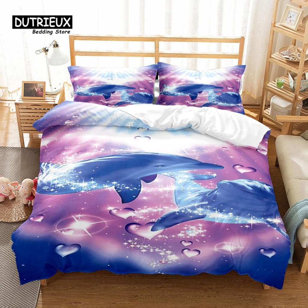 Sunset Gaming Dolphins Duvet Cover Set, Bedding Set, Soft Comfortable Breathable Duvet Cover, For Bedroom Guest Room Decor EU single(135x200cm)