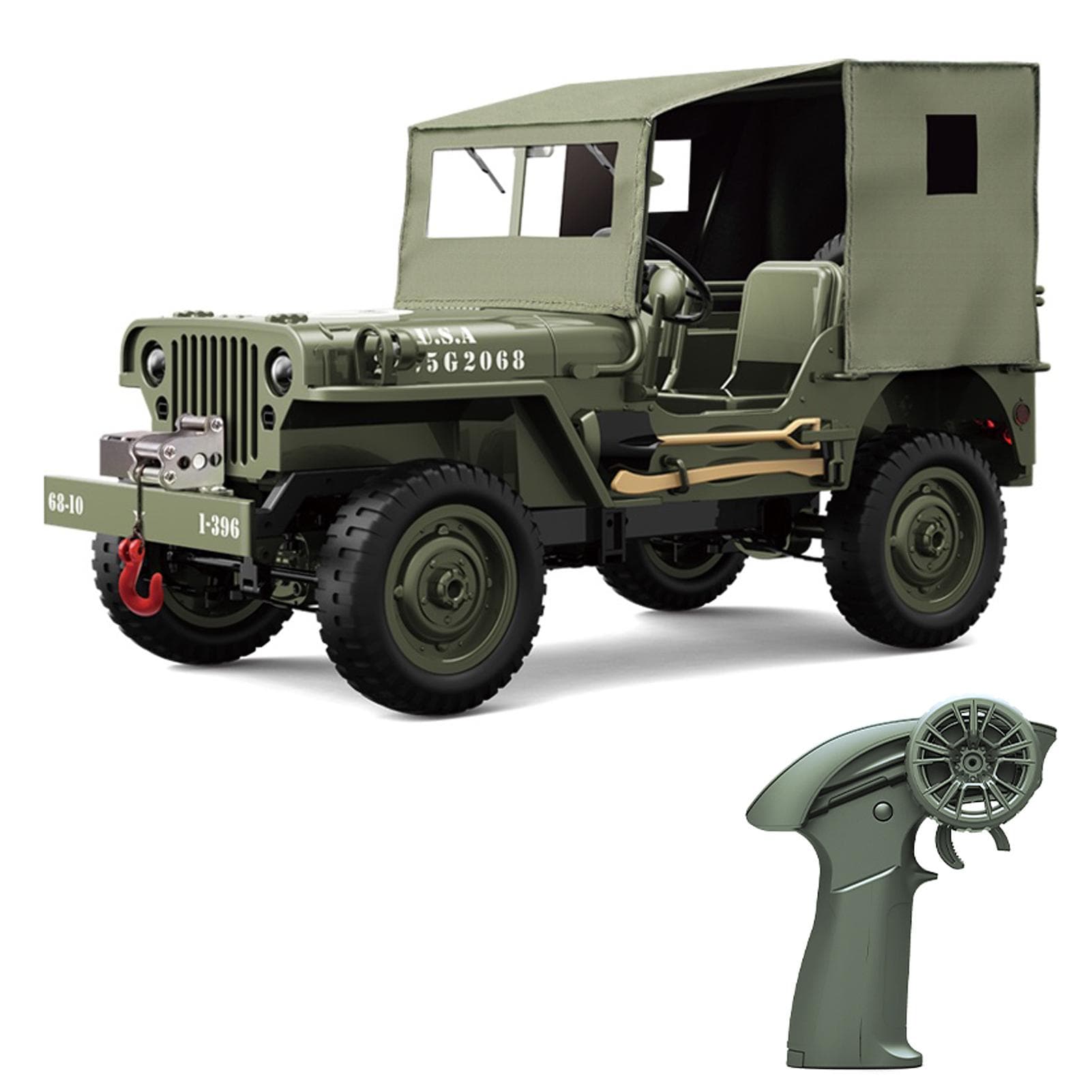 Remote Control Car, 2.4Ghz 4WD Off Road Rock Crawler Vehicle with Lights Canvas Cover, 1:10 All 1 battery army green