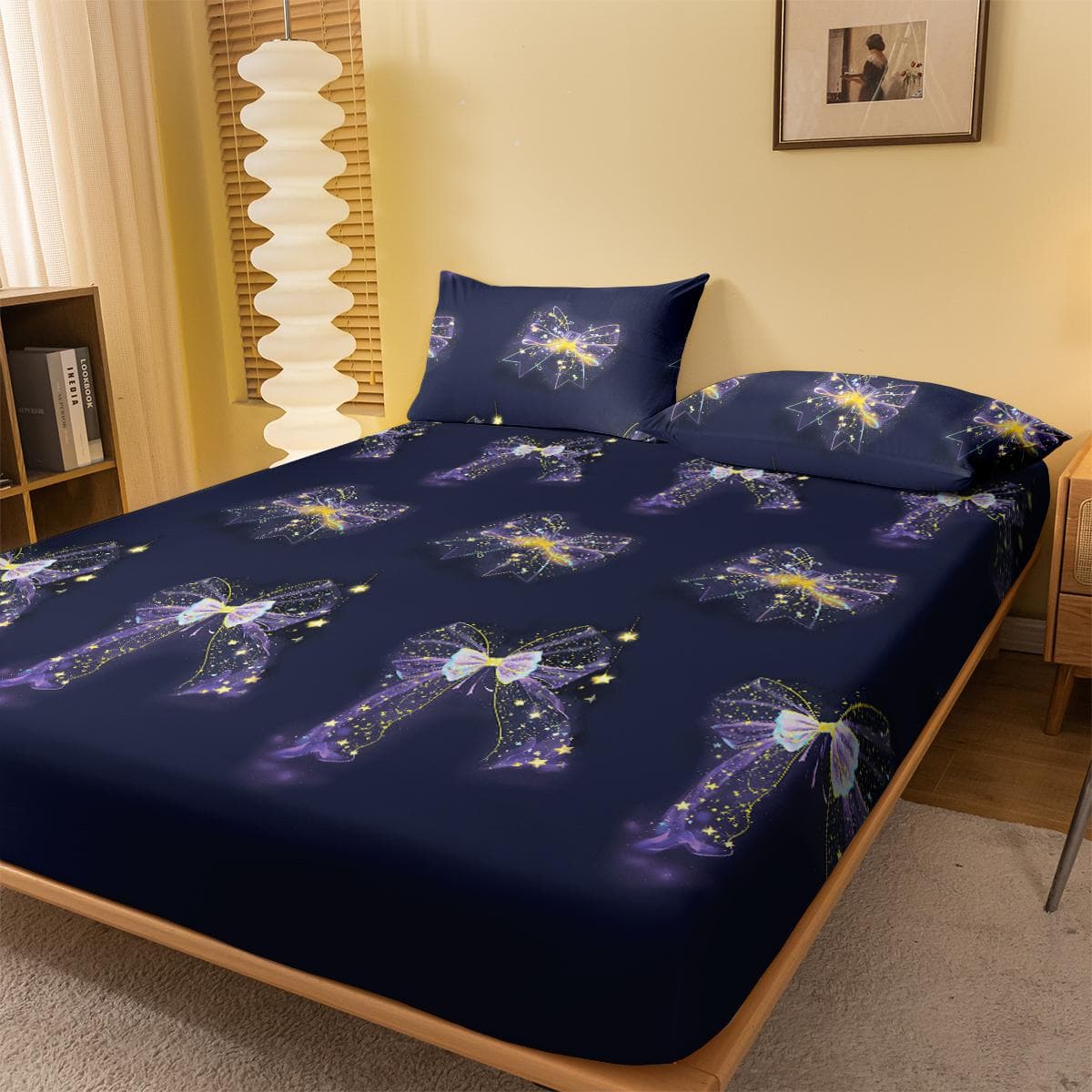 1 Simple Modern Starlight Butterfly Knot Printed Matte Fitted Sheet,Bedroom Printed Bed Cover,Bedding(Excluding Pillowcases) 100x200cm