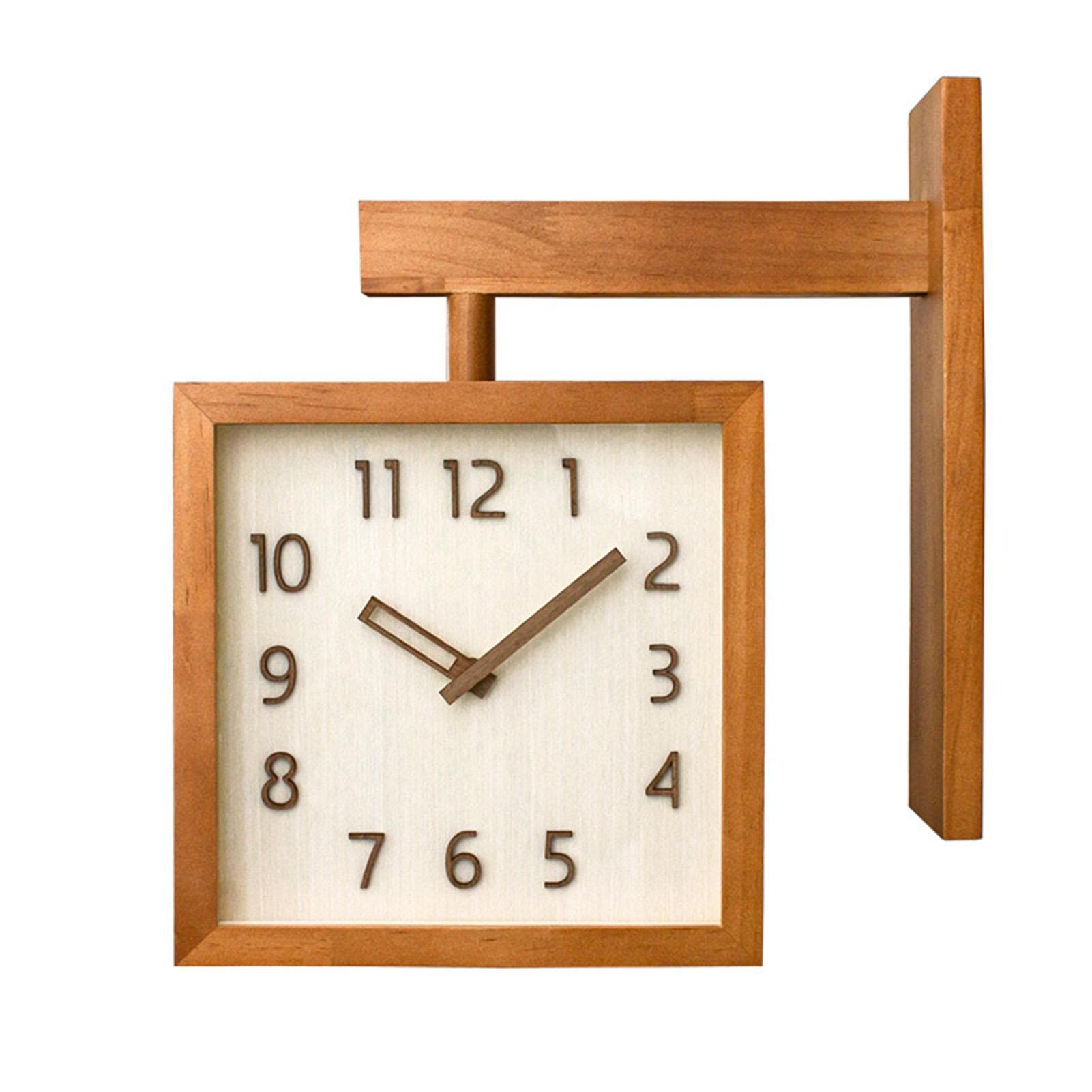 Wall Clock Simple Silent Square Double Sided Clock Wooden Decorative Corner Clock for Living Room Dark Wood