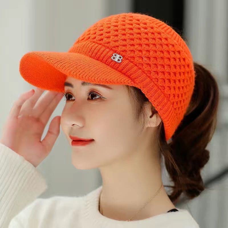 Female Fall Fleece High Ponytail Hat Baseball Caps Women Winter Thick Warm Twist Knit Hats Visor Gorros Beanies Women Hats orange