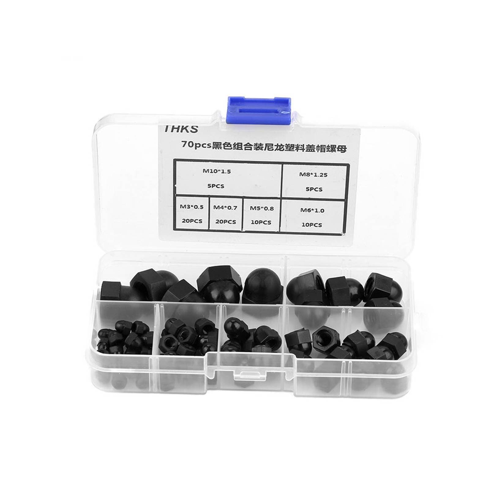 70pcs M3M4M5M6M8M10 Nylon Acorn Nut Kit Dome Head Cap Hex Nuts (Black)