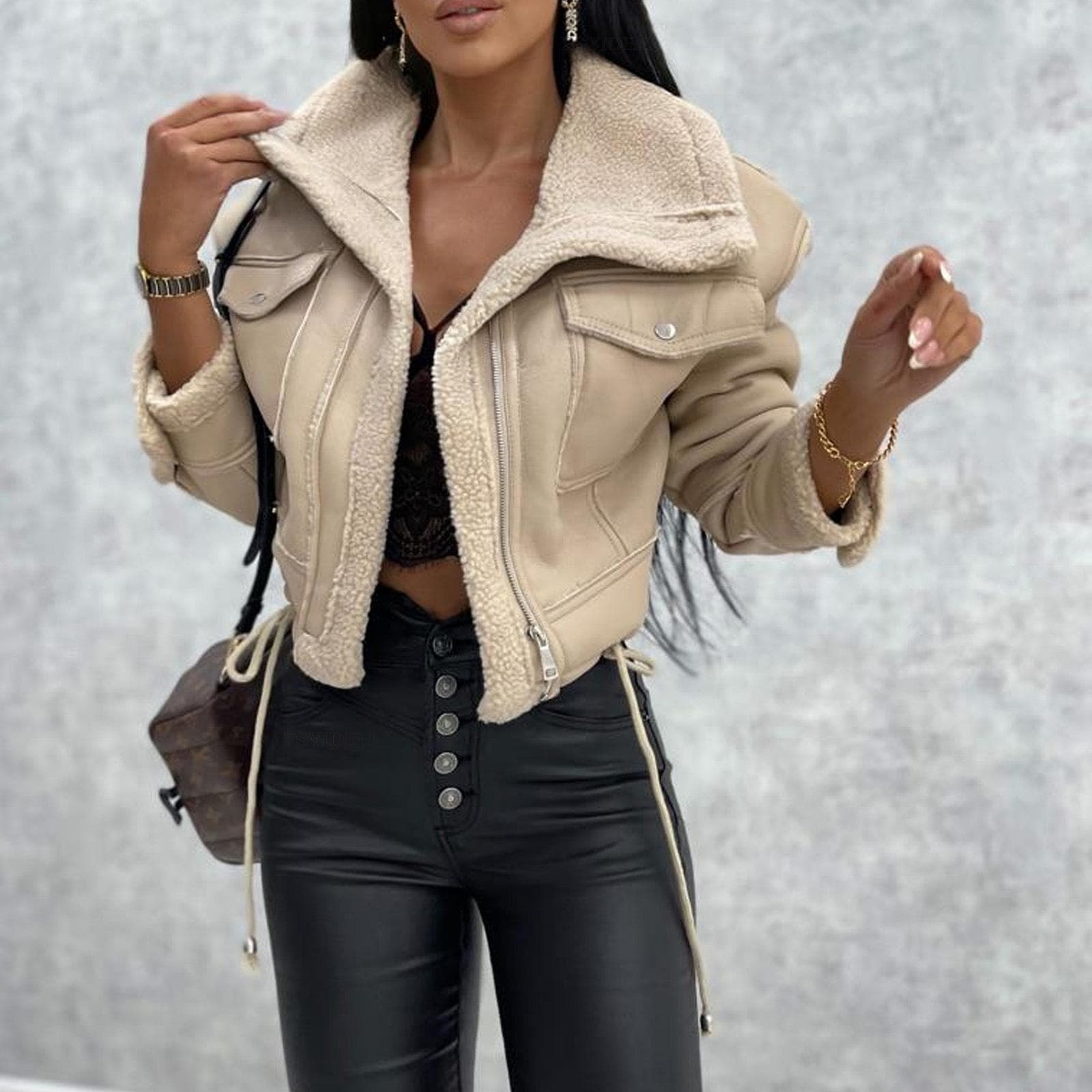 Artificial Leather Jacket Women's PU Short Thick Warm Black Coat Women Pilot Retro Lapel Velvet Coat Winter Women's Motorcycle Jacket L beige