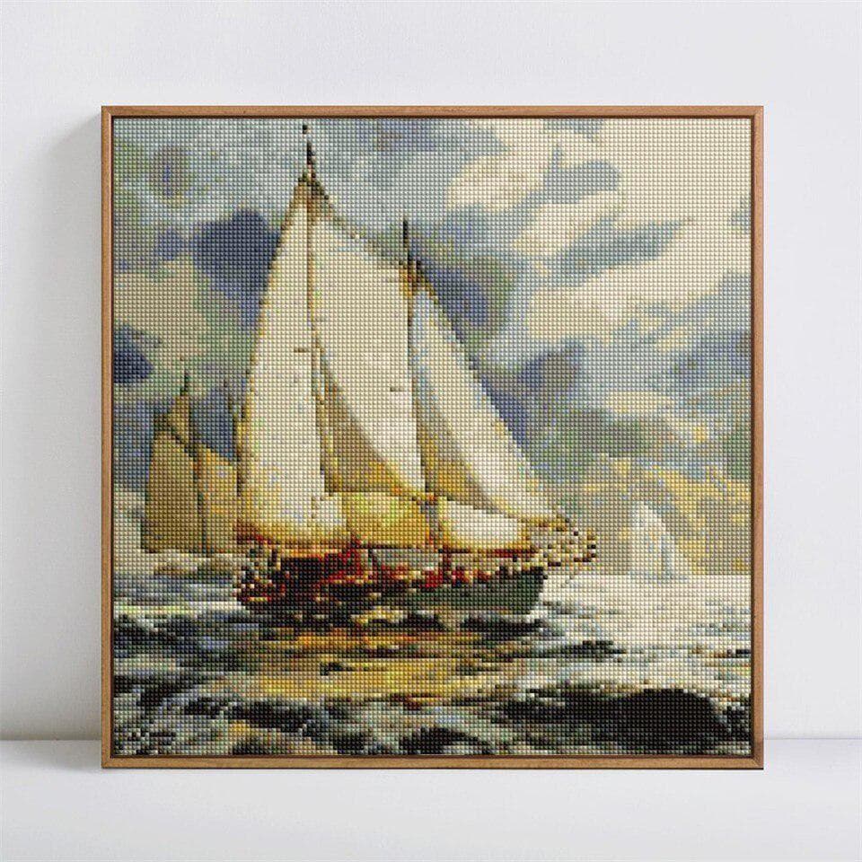 Diamond Embroidery Sailboat Full Round Diamond Painting Landscape Full Display Cross Stitch 30x30CM