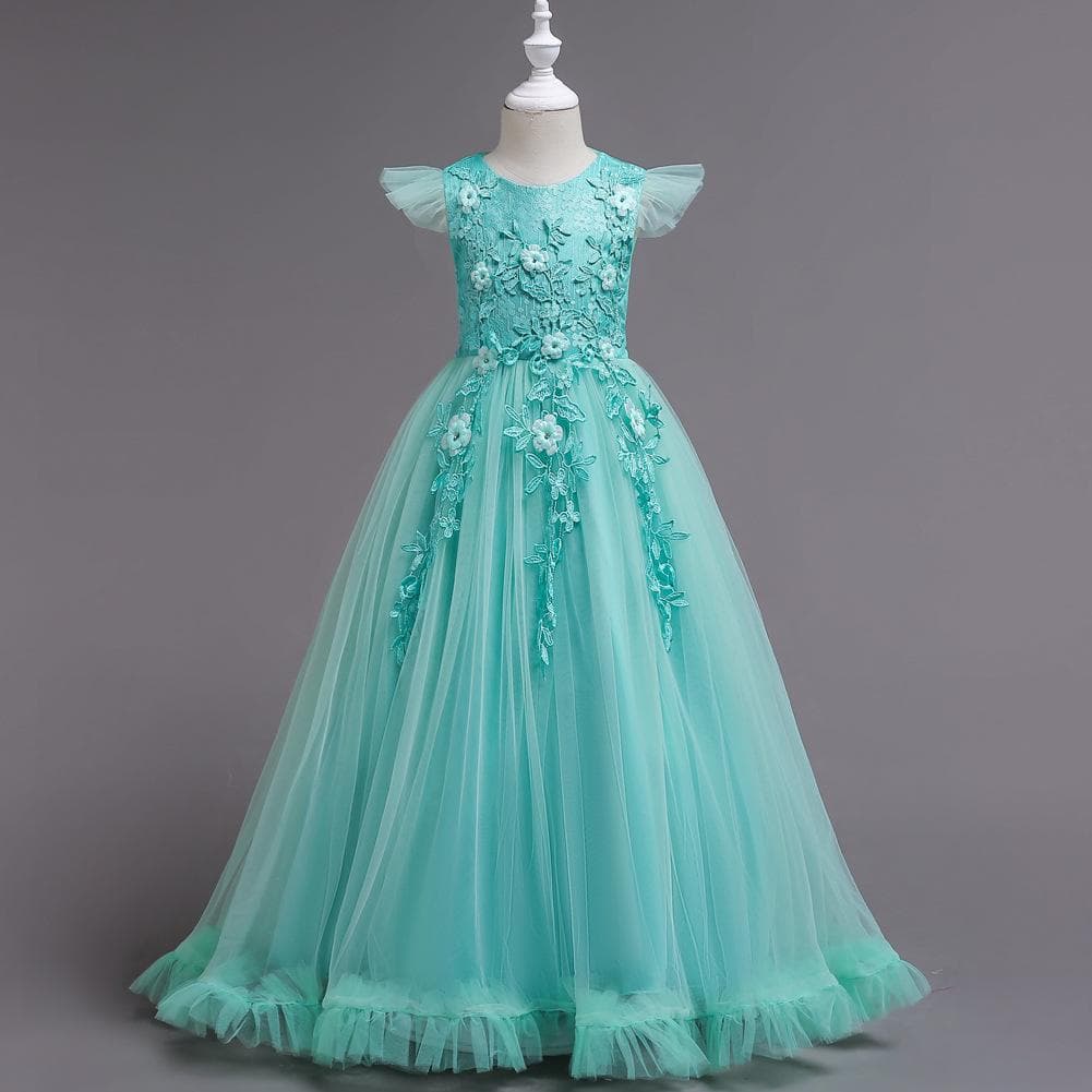 Kids Dresses Flower Lace Formal Sleeveless Long Dresses For Girls Princess Costume Girls Wedding Dresses Clothing 4-15Years 160cm green