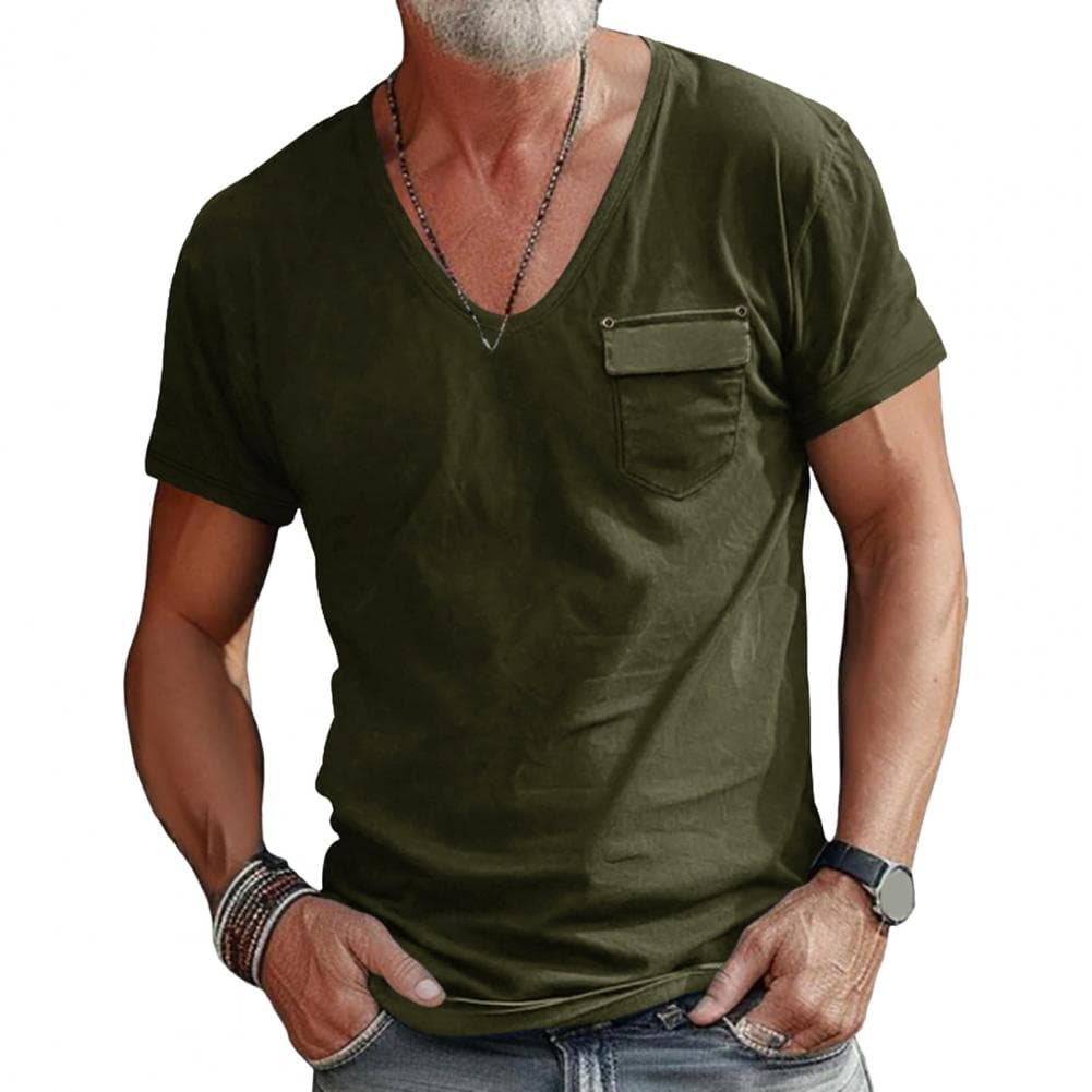 Men Summer T-shirt V Neck Short Sleeves Solid Color Stretchy Chest Pocket Thin Quick Dry Simple Style Casual Daily Wear Sport To L army green