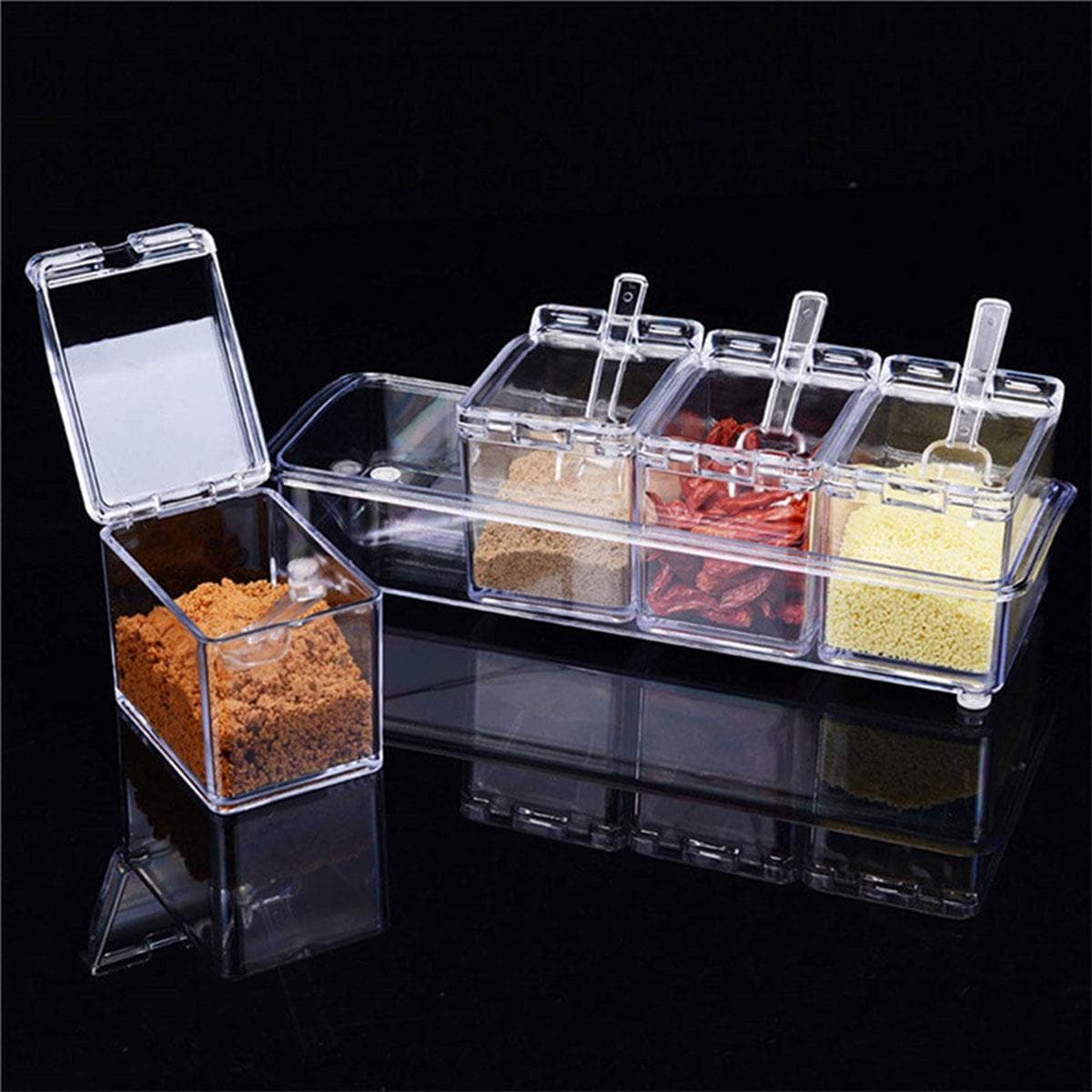 4 Grid Transparent Seasoning Box Spice Pot Sealed Spice Container Kitchen Condiment Jar with Lid Spoon for Salt Sugar Cruet