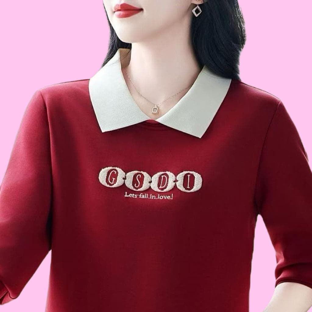 New Lapel Long Sleeve Embroidered POLO Collar Middle-aged Mother Fashionable Casual Age-reducing Versatile Base Top Autumn XL