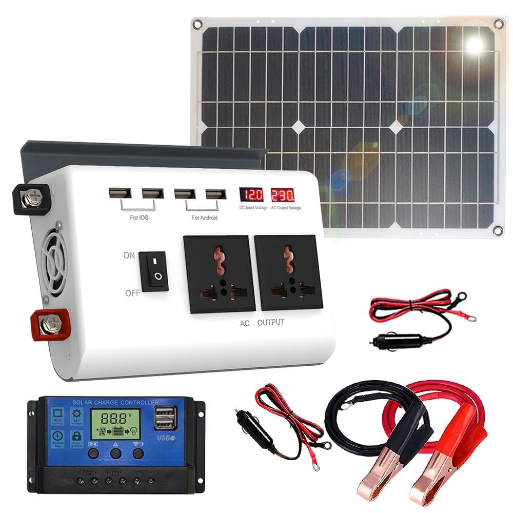 300W Power Inverter DC 12V to AC 110V Modified Sine Wave Inverter with 36W Solar Panel and 30A 220V 18W