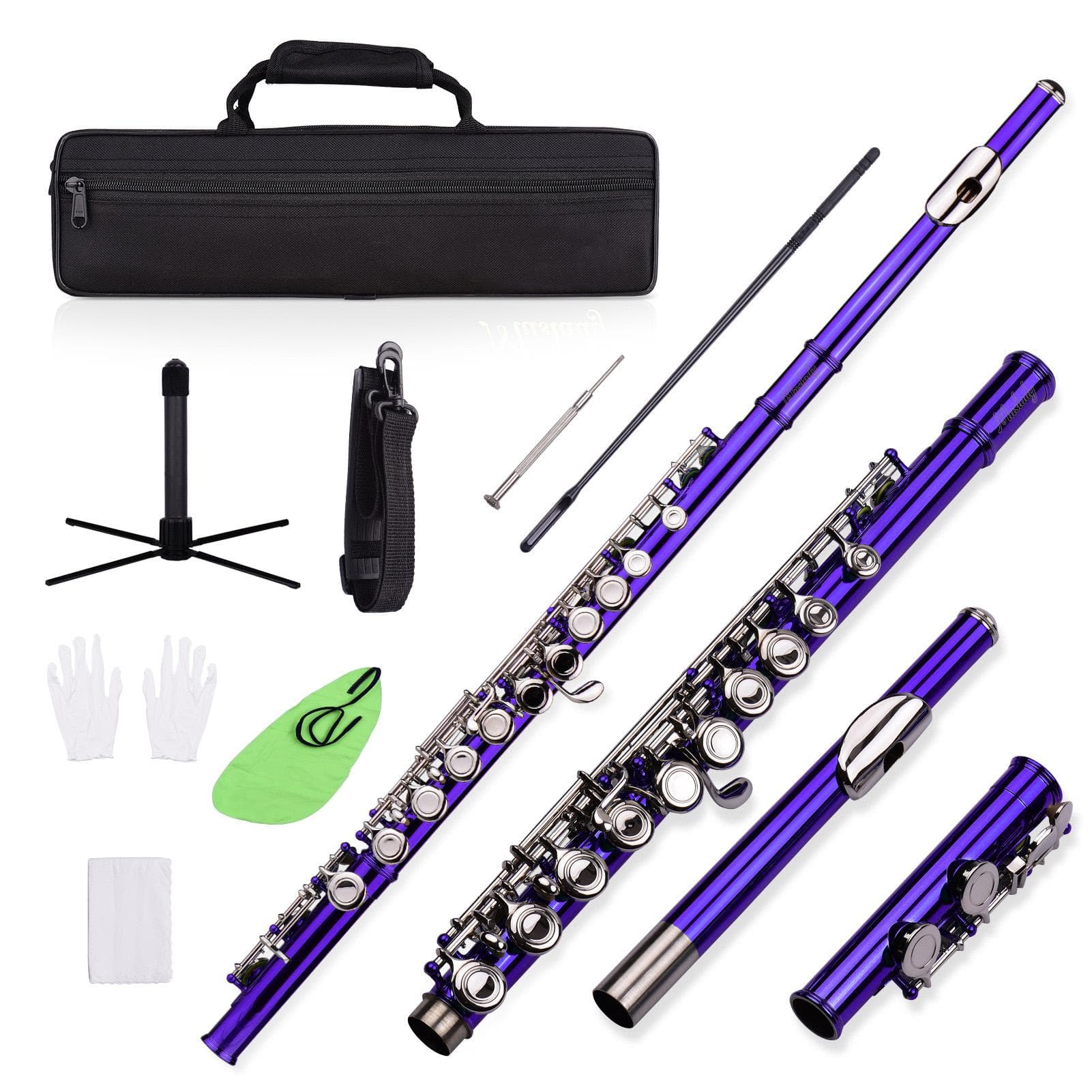 Closed Hole C Flute 16 Keys Cupronickel Nickel-plated Wind Instrument with Carry Case Flute Stand Gloves Cleaning Cloth Mini Screwdriver Cleaning Rod purple