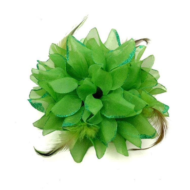 Fascinator Corsage 1X Flower Feather Brooch Wedding Ball Head Hair Clip 12.5x12.5cm green