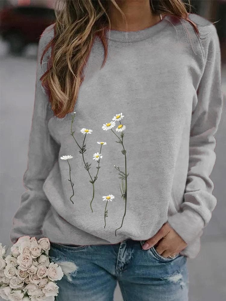 Women Winter Clothing Floral Printed Casual Sweatshirt Long Sleeve Tops T-shirt Ladies Round Neck Pullover Sweater 2XL grey