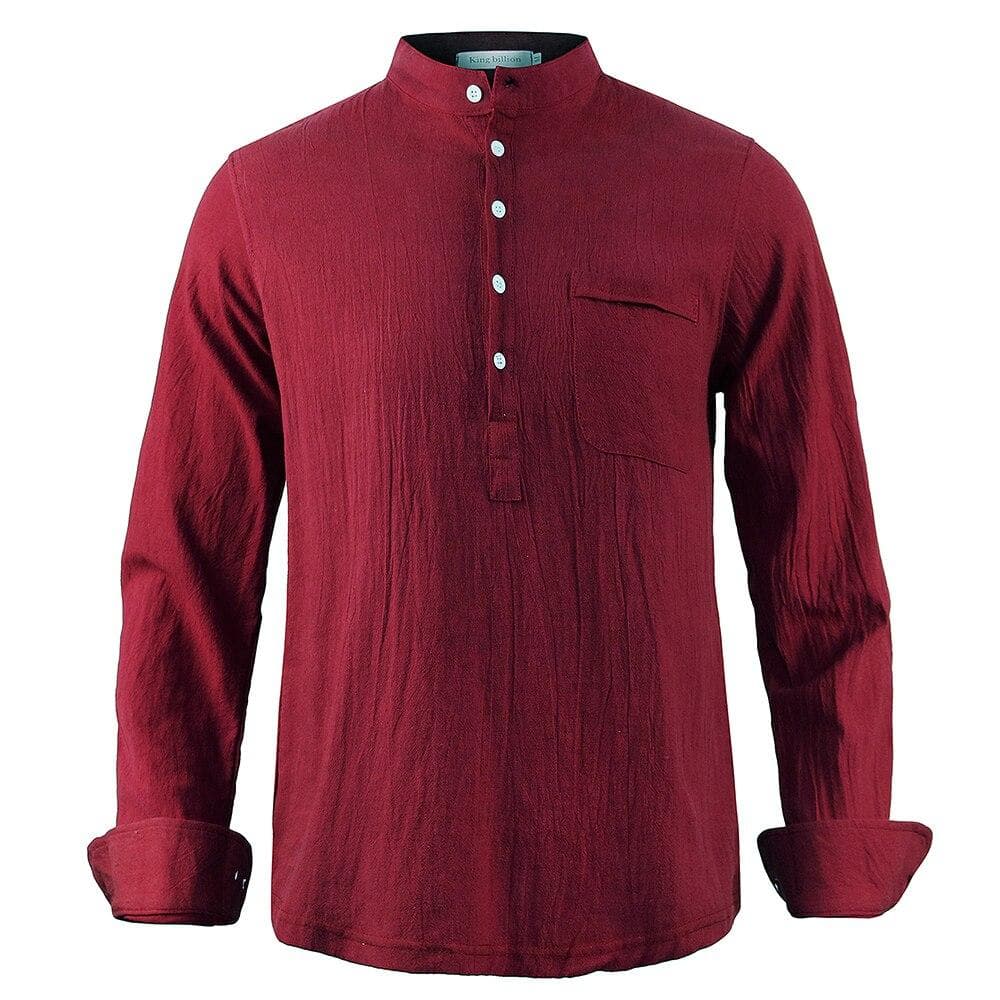Cotton Line Hot Sale Men's Long-Sleeved Shirts Summer Solid Color Stand-Up Collar Casual Beach Style Plus Size XL wine