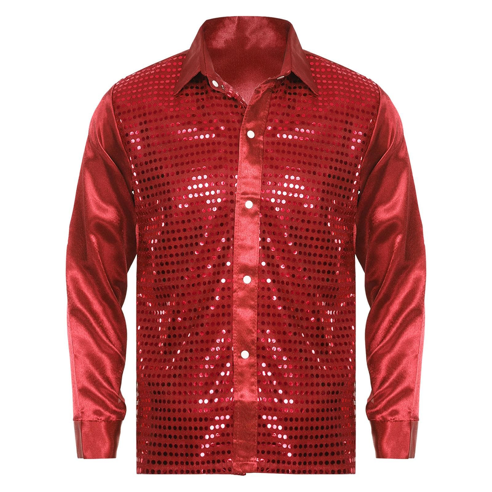 Mens Sequined Latin Dance Shirt Turn-Down Collar Long Sleeve Stage Costume Sparkly Jazz Performance Top L red