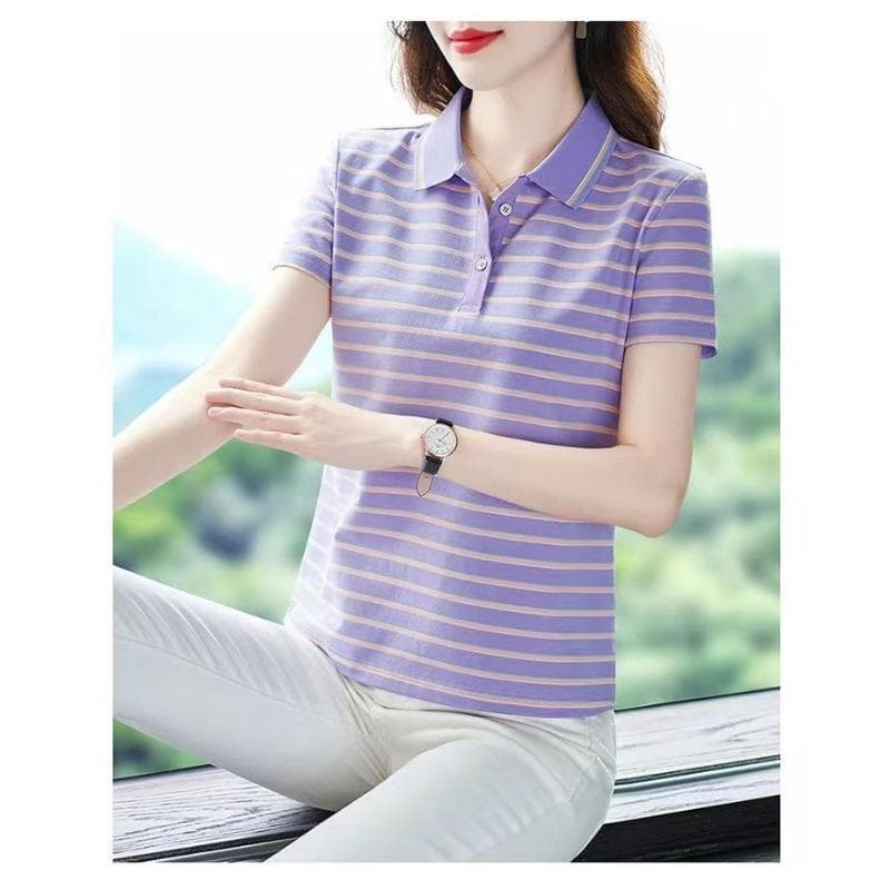 YYFS Women's Fashion Casual Summer Spring Stripe Print Short Sleeve POLO Neck Blouses & Shirts XXXXL