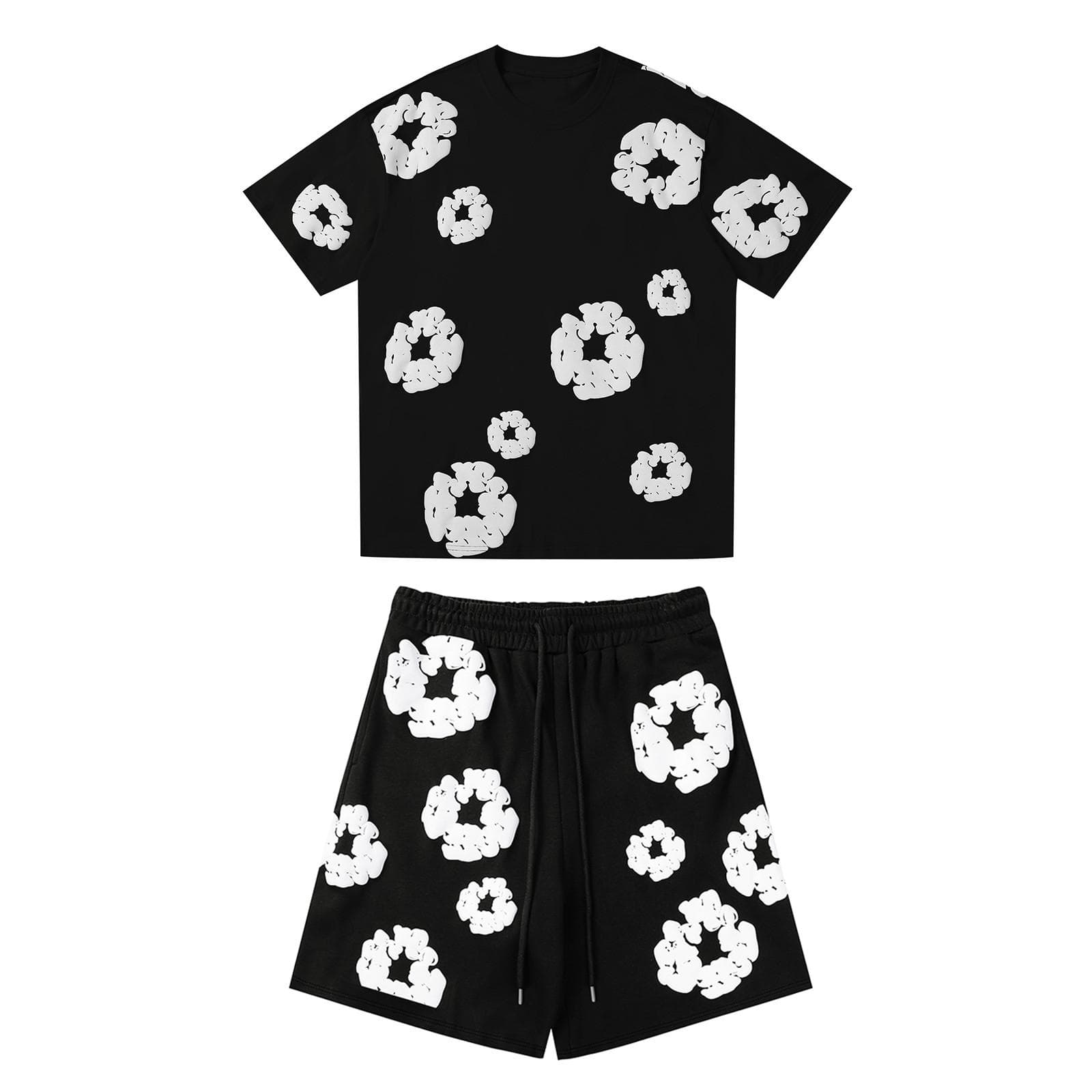Women's And Men's Casual Loose Fitting Printed T-shirt And Shorts Two-Piece Street Fashion Trend Short Sleeves+shorts XL black