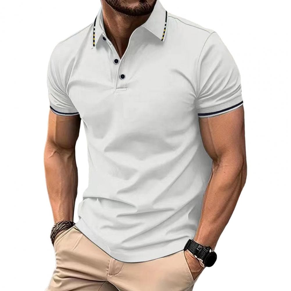 Summer Men Top Half-opening Turn-down Collar Buttoned Short Sleeve Solid Color Slim Fit Pullover Formal Business Style Office We M white
