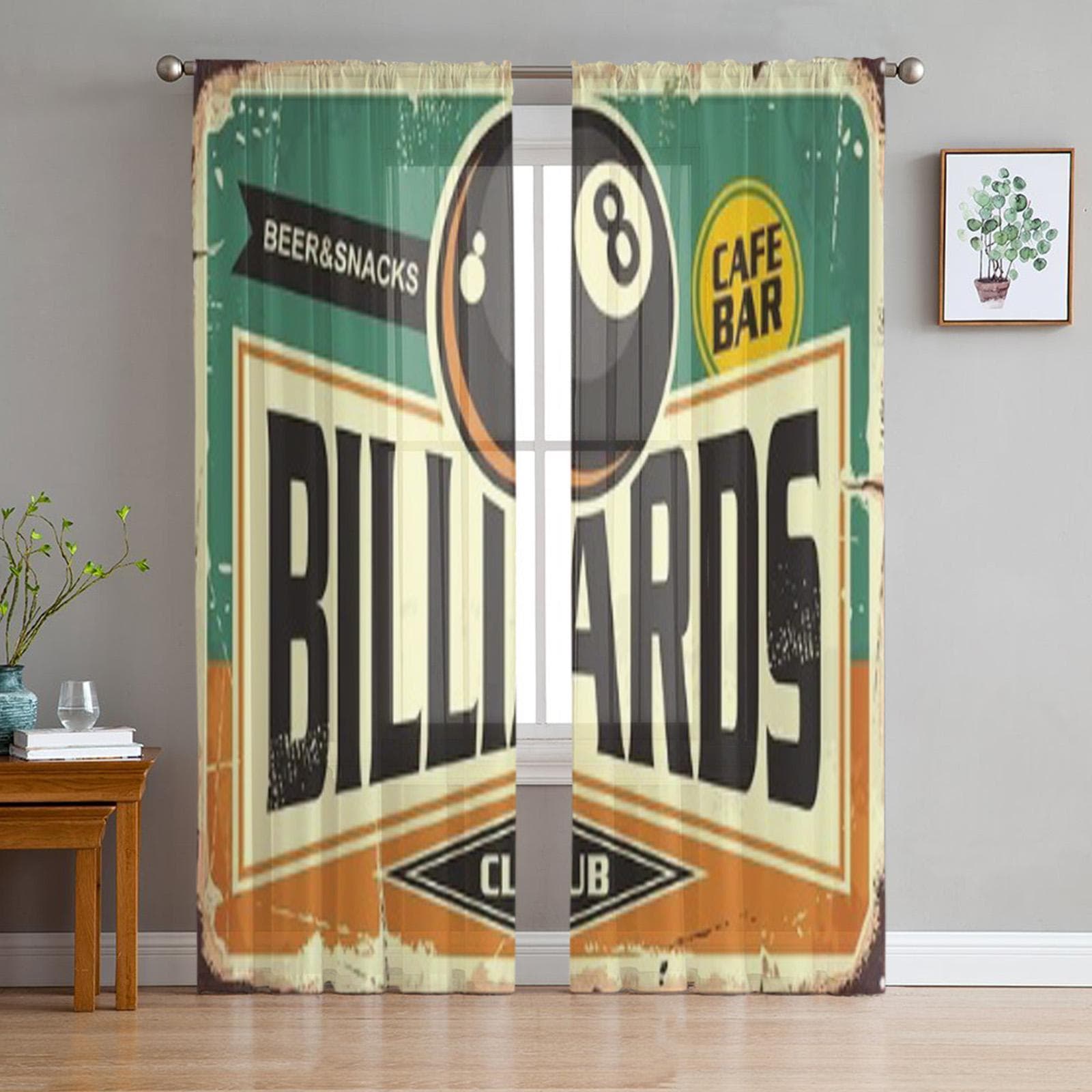 Retro Billiards Sign Design With Black Eight Ball Chiffon Sheer Curtains for Living Room Bedroom Window Voiles Tulle Curtain 135W x 114H(cm)
