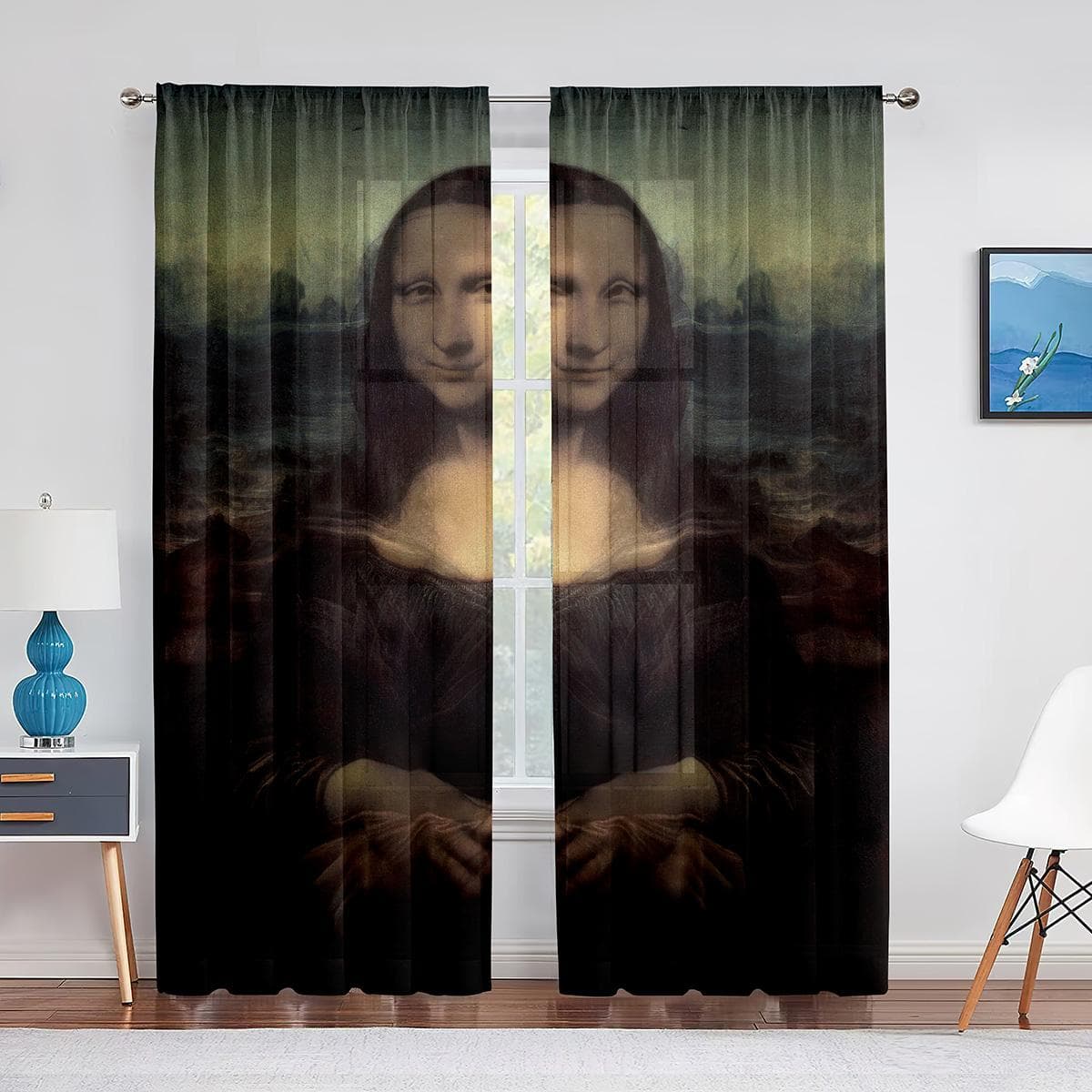 Mona Lisa and Funny Kittens Painting Tulle Curtain for Bedroom Window Curtain Luxury Cafe Hotel Decor Living Room Sheer Drape 1 PCS W200XH250cm&Grommet Top