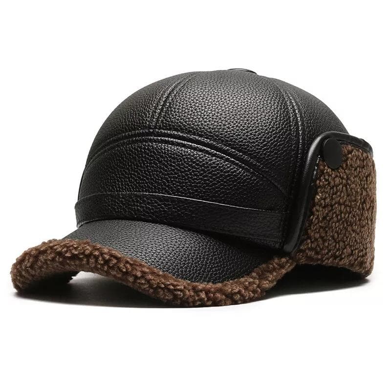 1Pc Men Baseball Caps with Ear Flaps Cotton Pu Warm Fall Winter Thick Hats brown