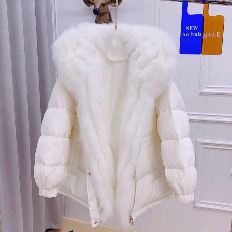 Cotton Jacket Fashionable Waist Cinched Mid Length Women's Winter Clothing Big Fur Collar Down Cotton Jacket XL white