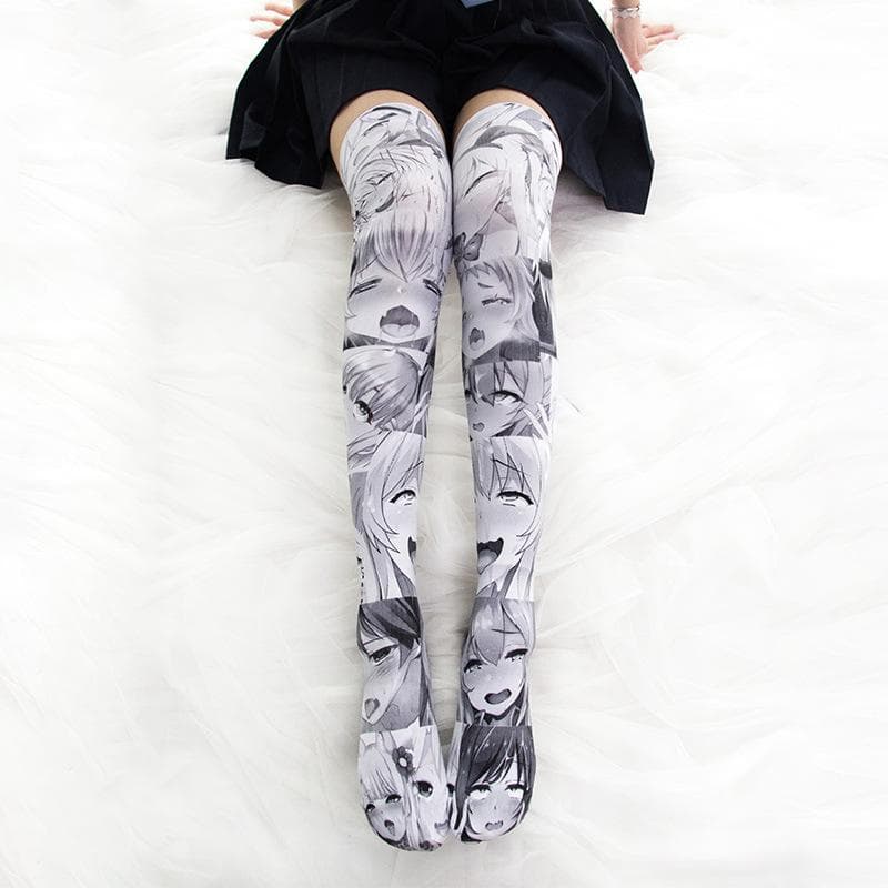 3D Printed Anime Ahegao Sexy Cartoon Cosplay Knee High Socks Lolita Japanese Cartoon Long Stockings Tight High Socks 65cm grey