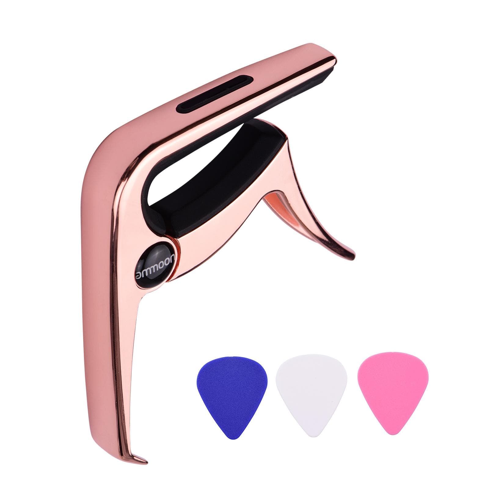 TC02 Multifunctional Guitar Capo Zinc Alloy with Bridge Pin Puller Guitar Pick Slot 3pcs Guitar Picks for Acoustic Electric Guitars Bass rose gold
