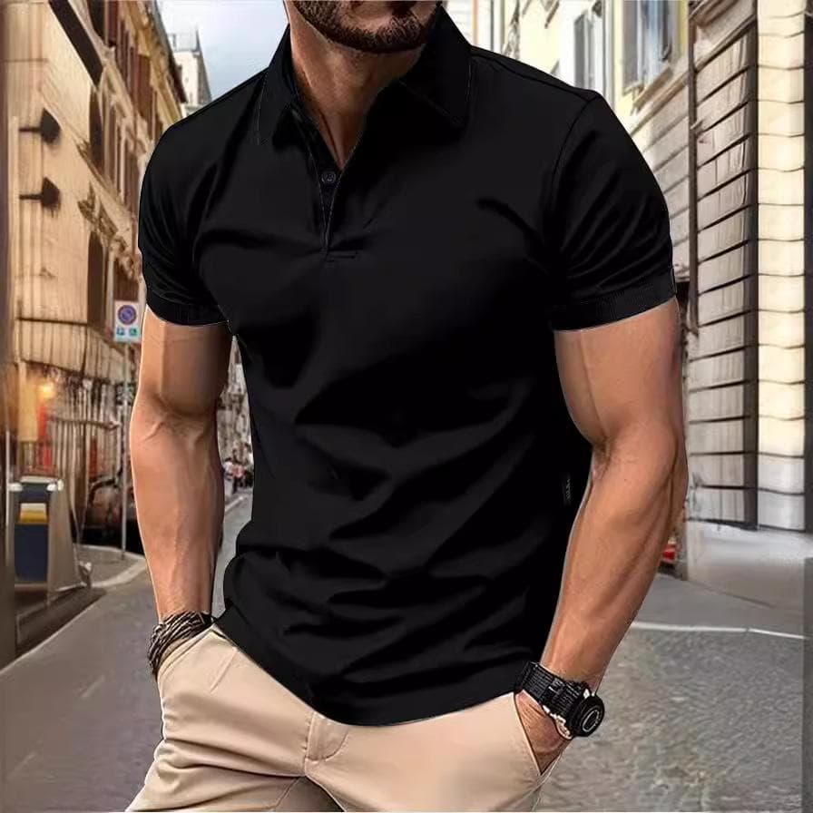 European and American Style Men's Summer Solid Slim Fit Top Fashion Short Sleeve Turn Down Collar T-shirt XXXL black