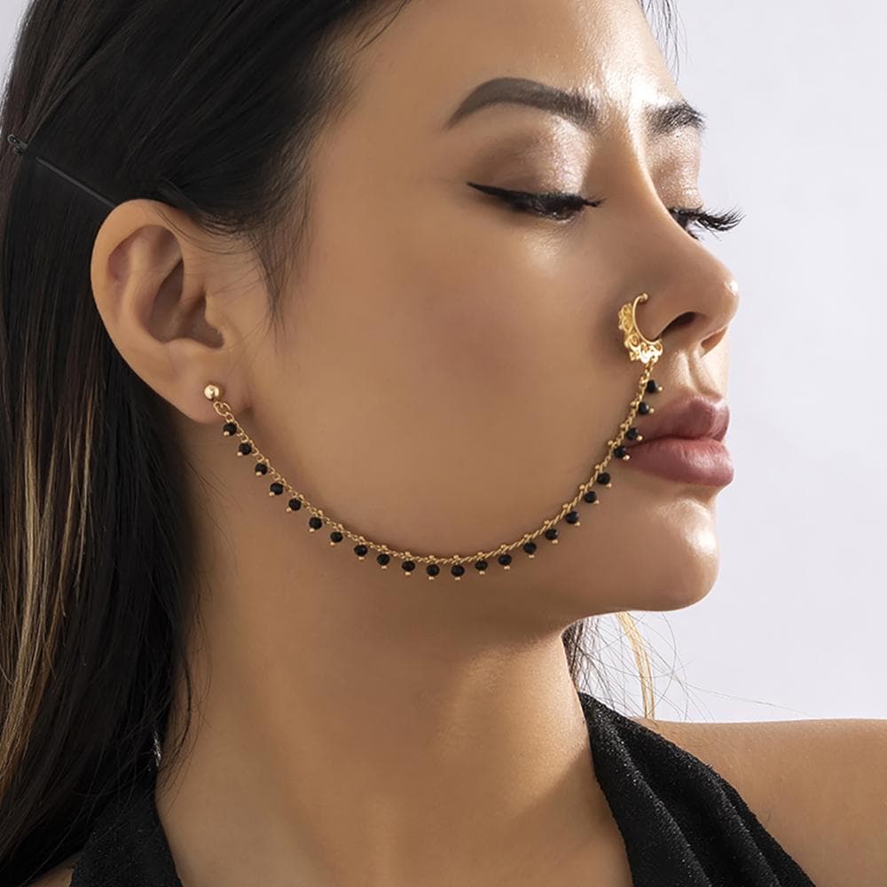 Trendy Nose Rings for Women Connecting Earrings Black Green Small Crystal Beads Fake Nostril Piercing Clip Jewelry Ladies black