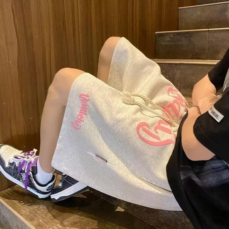 Simple Style Foam Letter Printing Solid Color Work Shorts Men's Street Loose Sports Five-minute Back Pants 8XL