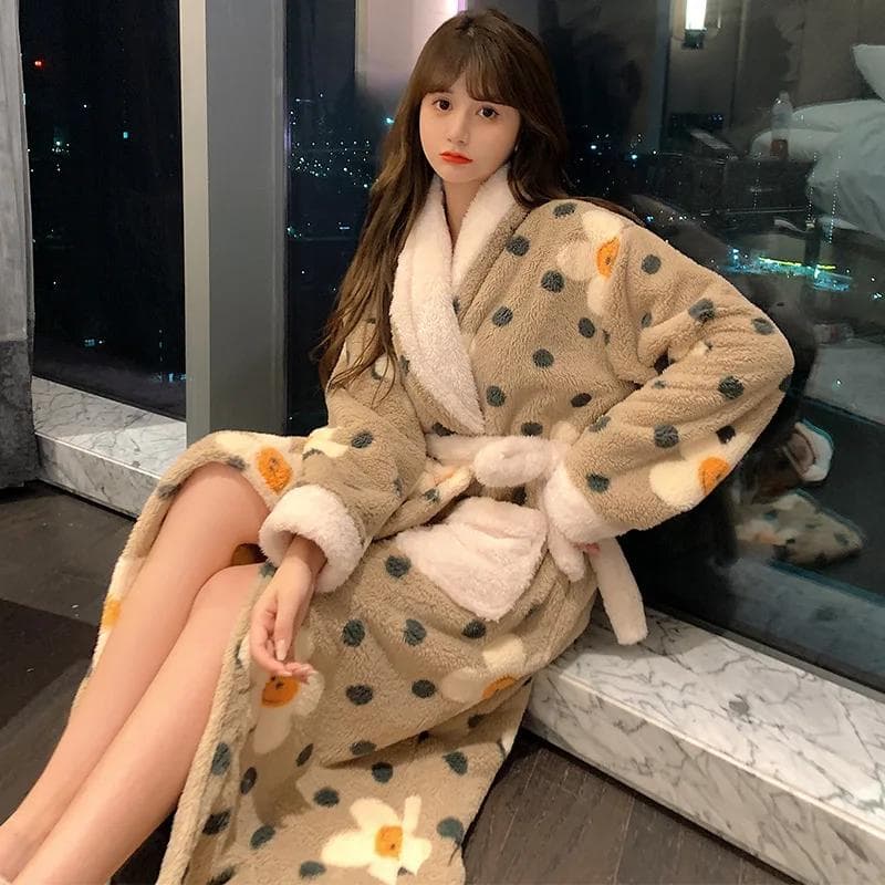 Women's Printed Mid-calf Robe Design Winter Warm and Thickened Korean Style Home Wear Casual and Popular Women's Loose Bathrobe M